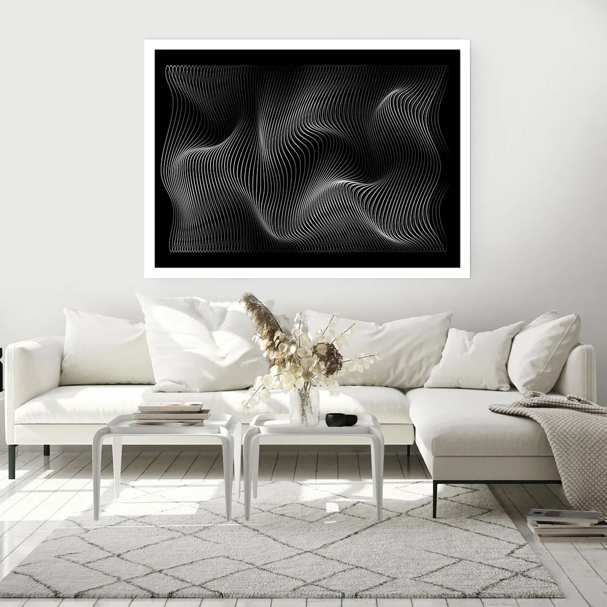 Affiche - Poster - Lignes blanches abstraites sur fond noir - 100x70cm - Danse de lumière dans l'espace - Décoration murale moderne pour le salon et la chambre ARTTOR