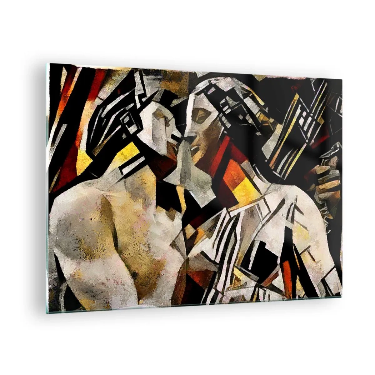 Impression sur verre - Image sur verre - Couple abstrait aux motifs géométriques - 70x50cm - Un baiser sculptural - Décoration murale moderne pour le salon et la chambre ARTTOR