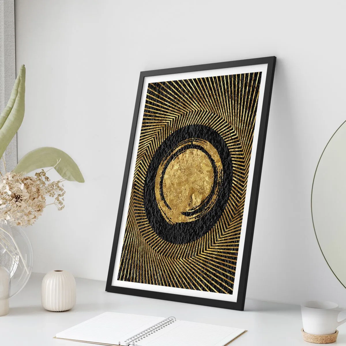 Affiche dans un cadre noir - Poster - Abstraction géométrique dorée sur fond noir - 50x70cm - Composition glamour - Décoration murale moderne pour le salon et la chambre ARTTOR
