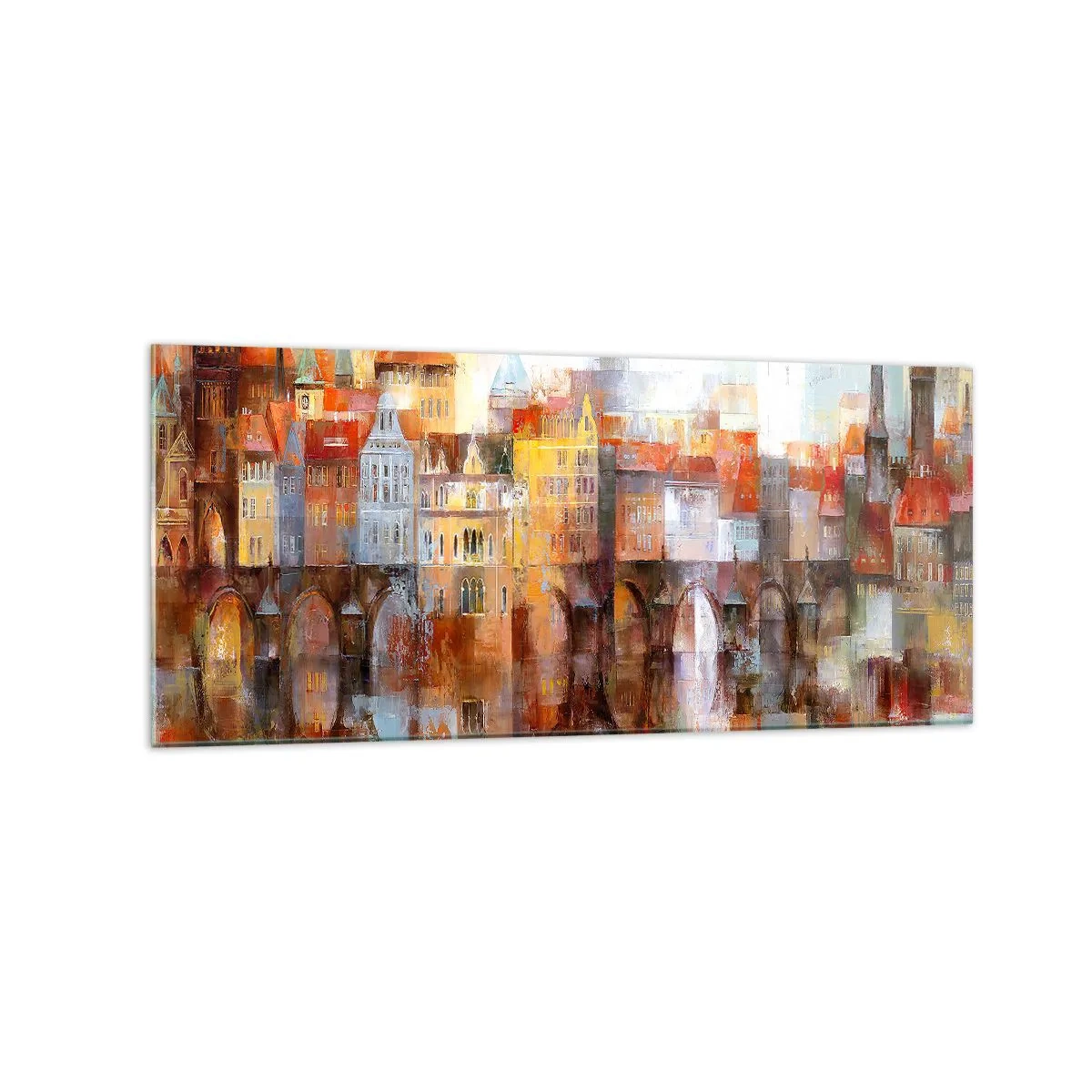 Impression sur verre - Image sur verre - Un panorama pittoresque de la ville avec un pont aux couleurs d'automne - 120x50cm - C'est aussi beau sous le pont - Décoration murale moderne pour le salon et la chambre ARTTOR