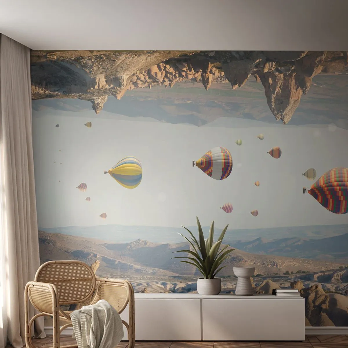 Papier Peint Photo Premium Sand - Des ballons colorés flottant au-dessus d'un paysage rocheux - 100x70cm - Ici, tout est possible - Décoration murale moderne pour le salon et la chambre ARTTOR