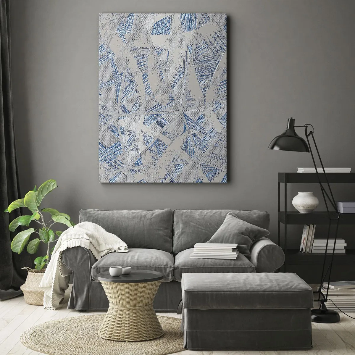 Impression sur toile - Image sur toile - Motifs géométriques dans les tons de bleu et de gris - 70x100cm - Dans un labyrinthe bleu-gris - Décoration murale moderne pour le salon et la chambre ARTTOR