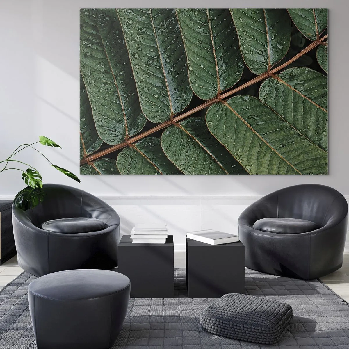 Impression sur verre - Image sur verre - Gros plan de feuilles vertes avec des gouttes d'eau - 70x50cm - Au rythme de la verdure - Décoration murale moderne pour le salon et la chambre ARTTOR