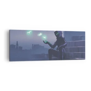 Impression sur toile - Image sur toile - Une silhouette encapuchonnée avec des oiseaux magiques en arrière-plan d'une ville - 140x50cm - La vie reviendra - Décoration murale moderne pour le salon et la chambre ARTTOR