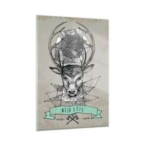 Impression sur verre - Image sur verre - Dessin géométrique d'un cerf avec l'inscription Wild Life - 50x70cm - Voir St. Hubertus - Décoration murale moderne pour le salon et la chambre ARTTOR