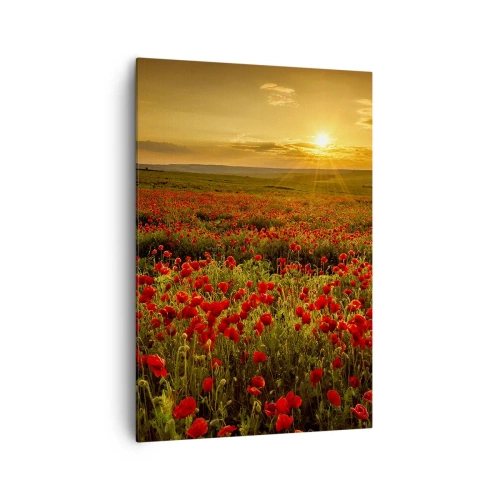 Impression sur toile - Image sur toile - Un champ de coquelicots rouges dans la lueur du soleil couchant - 70x100cm - Parmi les vagues des prairies bruissantes, parmi les fleurs du déluge - Décoration murale moderne pour le salon et la chambre ARTTOR