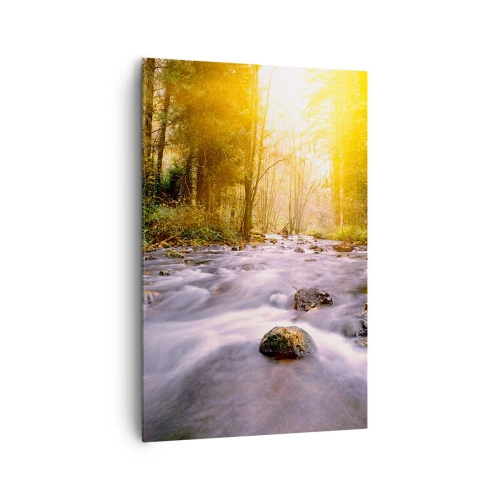 Impression sur toile - Image sur toile - Un ruisseau forestier illuminé par les rayons du soleil - 80x120cm - Malachite dans un cadre argent et or - Décoration murale moderne pour le salon et la chambre ARTTOR