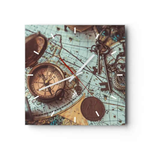 Horloge murale - Pendule murale - Composition avec une boussole, des clés et une vieille carte dans un style rétro - 30x30cm - Pour ceux qui recherche l'aventure - Décoration murale moderne pour le salon et la chambre ARTTOR