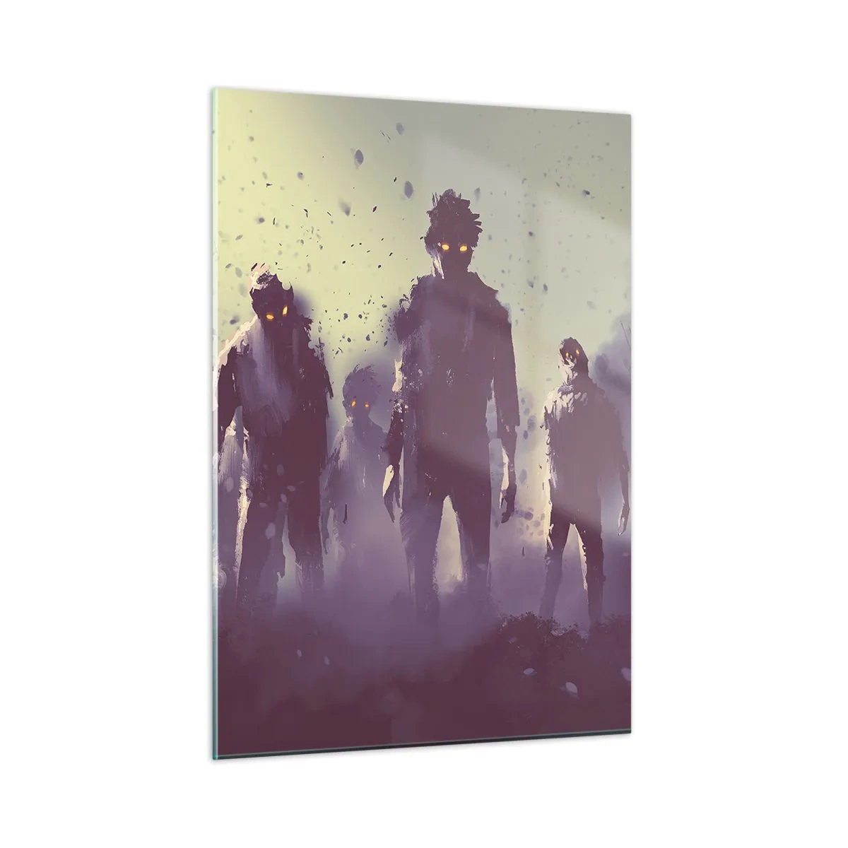 Impression sur verre - Image sur verre - Une illustration sombre d'un groupe de personnages dans le brouillard - 50x70cm - Fais attention! Ils arrivent - Décoration murale moderne pour le salon et la chambre ARTTOR