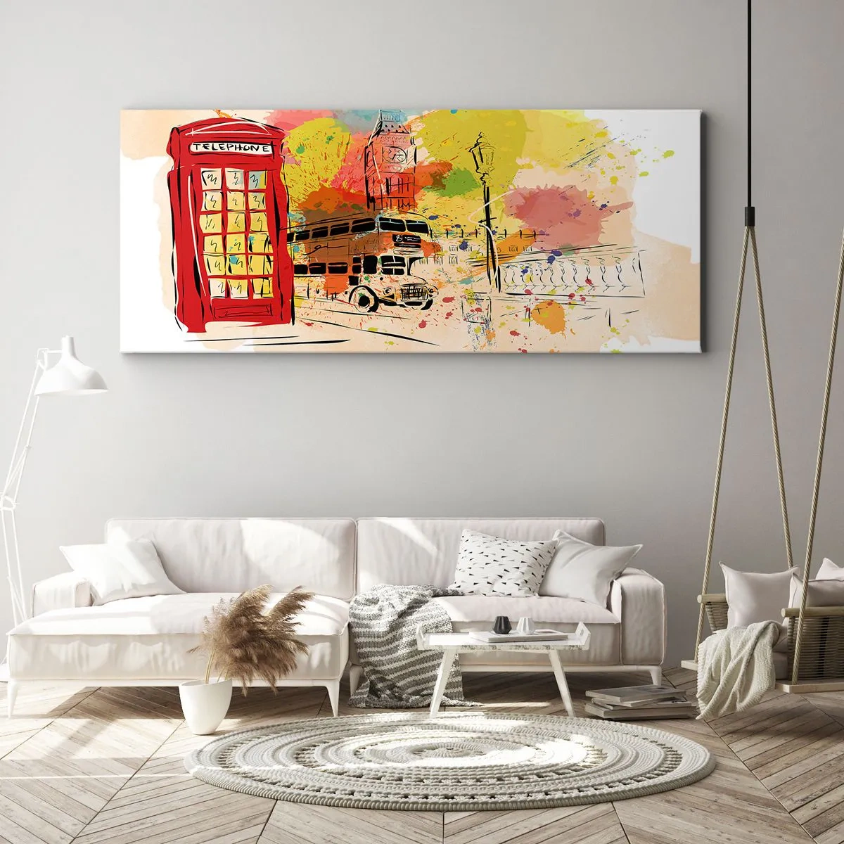 Impression sur toile - Image sur toile - Thème londonien avec bus rouge et stand - 120x50cm - La ville de la variété - Décoration murale moderne pour le salon et la chambre ARTTOR