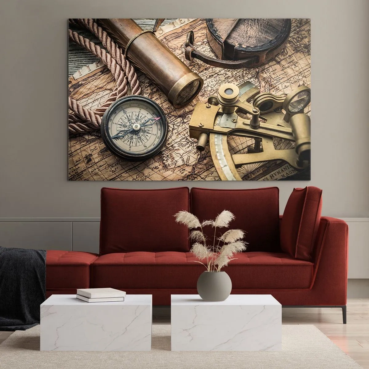 Impression sur verre - Image sur verre - Boussole, carte et aides à la navigation de style rétro - 120x80cm - Fixer un cap - Décoration murale moderne pour le salon et la chambre ARTTOR