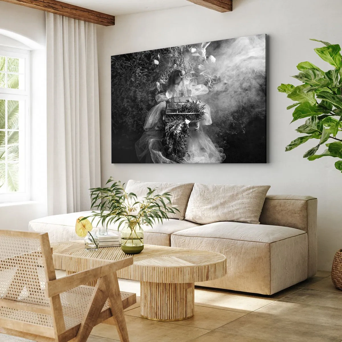 Impression sur toile - Image sur toile - Une composition en noir et blanc avec une figure en robe et une cage dans le brouillard. - 70x50cm - Tout simplement Mère Nature - Décoration murale moderne pour le salon et la chambre ARTTOR