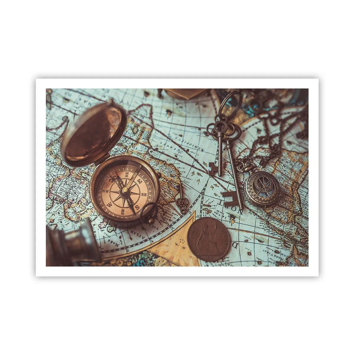 Affiche - Poster - Composition avec une boussole, des clés et une vieille carte dans un style rétro - 100x70cm - Pour ceux qui recherche l'aventure - Décoration murale moderne pour le salon et la chambre ARTTOR