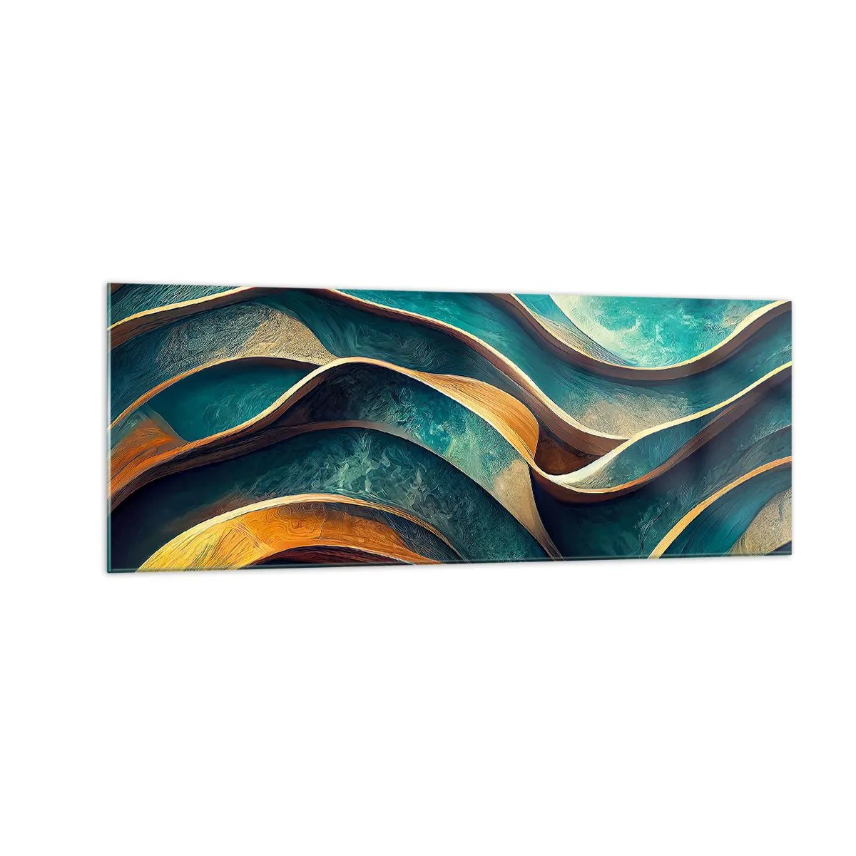 Impression sur verre - Image sur verre - Vagues abstraites dans des tons turquoise et or - 140x50cm - Méandres de bleu - Décoration murale moderne pour le salon et la chambre ARTTOR