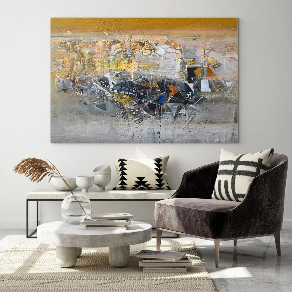 Impression sur verre - Image sur verre - Abstraction artistique en or, argent et gris - 70x50cm - Tout se met en place - Décoration murale moderne pour le salon et la chambre ARTTOR