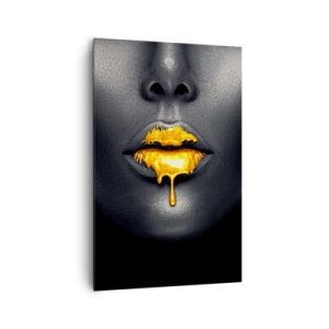 Impression sur toile - Image sur toile - Portrait noir et or d'une femme avec une goutte d'or sur les lèvres - 80x120cm - Bouche d'or - Décoration murale moderne pour le salon et la chambre ARTTOR