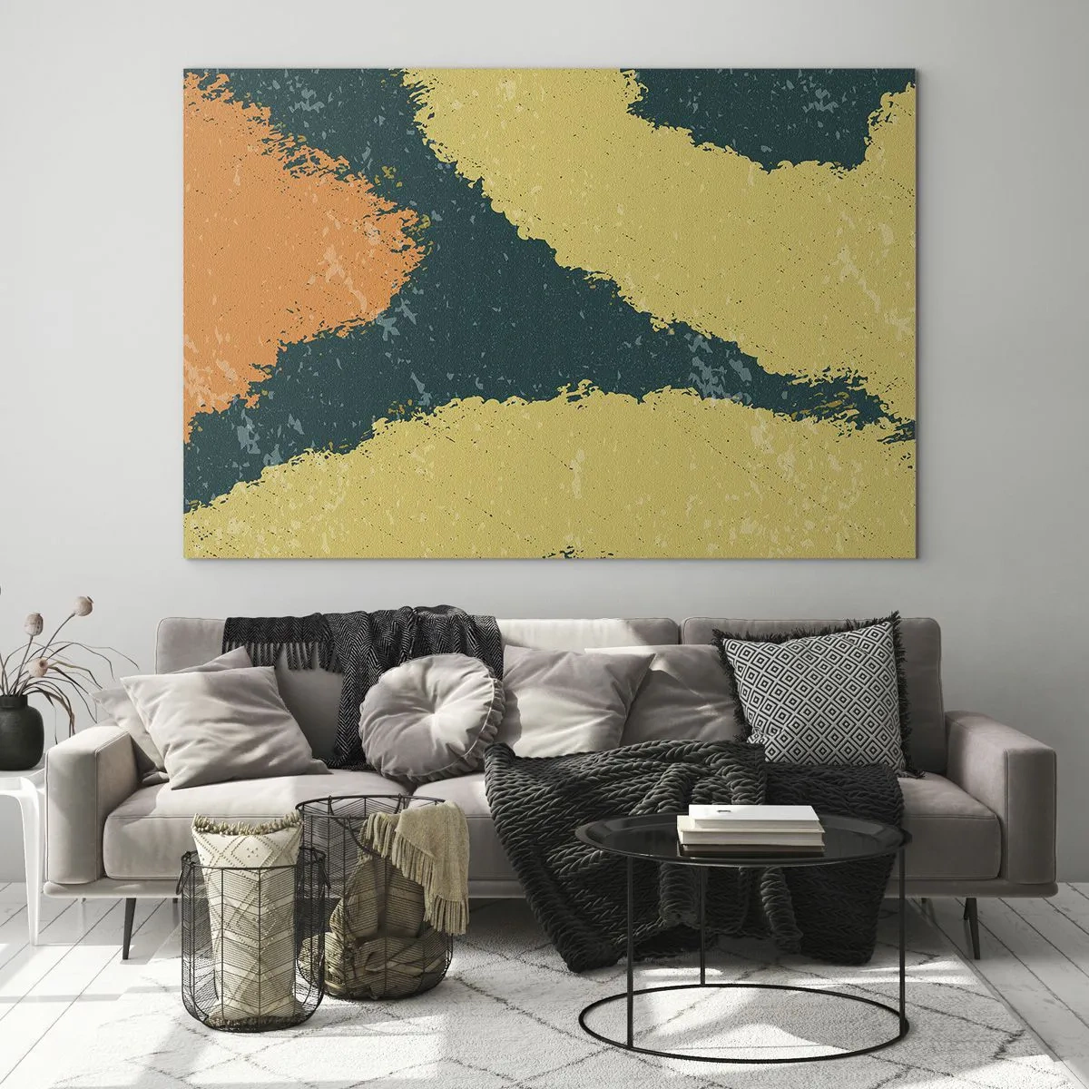 Impression sur verre - Image sur verre - Une abstraction fluide en moutarde, vert et orange. - 100x70cm - Abstraction – mouvement lent - Décoration murale moderne pour le salon et la chambre ARTTOR