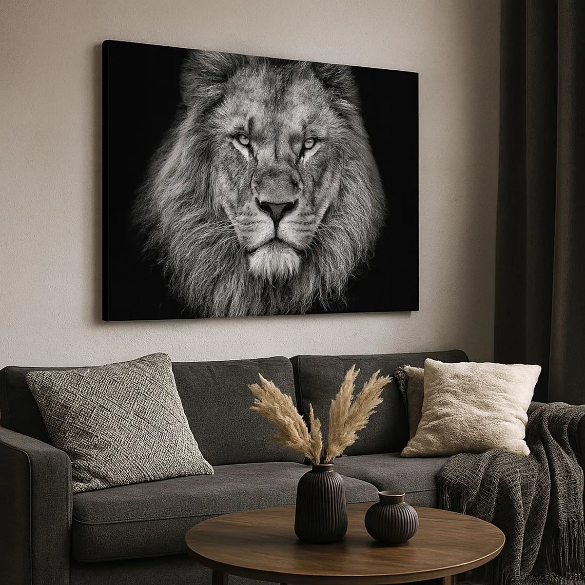 Impression sur toile - Image sur toile - Portrait d'un lion majestueux en noir et blanc - 70x50cm - En vêtement de sacre - Décoration murale moderne pour le salon et la chambre ARTTOR