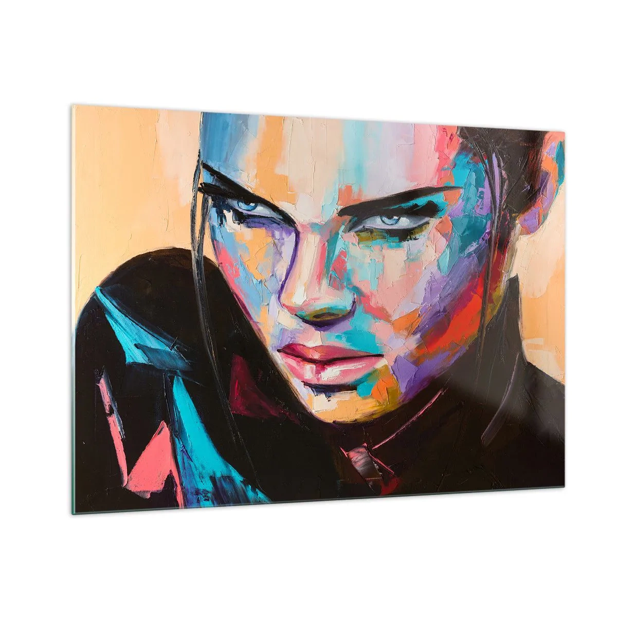 Impression sur verre - Image sur verre - Portrait d'une femme aux couleurs vives sur un fond abstrait - 100x70cm - Le coeur sauvageon - Décoration murale moderne pour le salon et la chambre ARTTOR