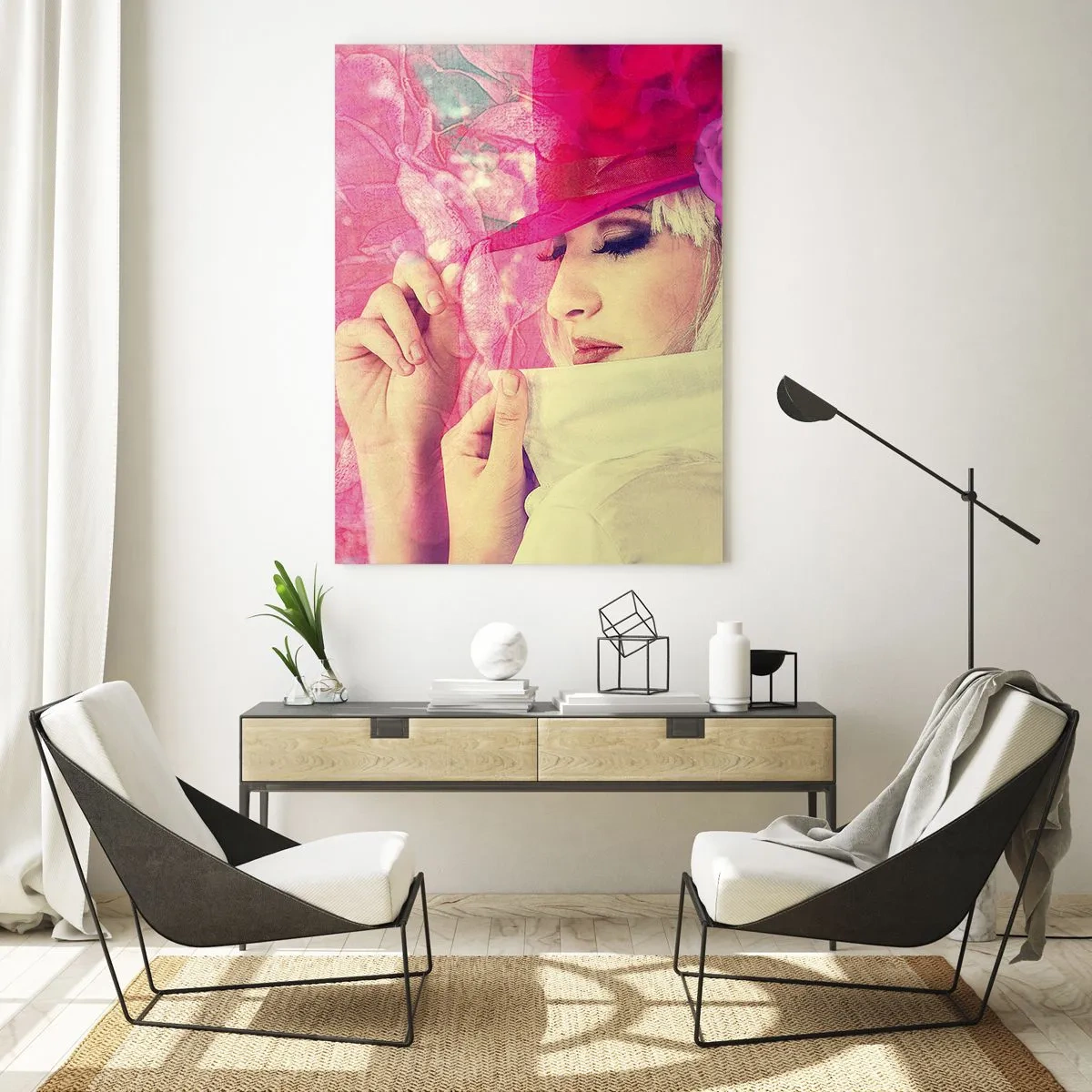 Impression sur verre - Image sur verre - Femme élégante avec un chapeau rose avec une fleur - 80x120cm - Portrait rétro dans une brume rose - Décoration murale moderne pour le salon et la chambre ARTTOR