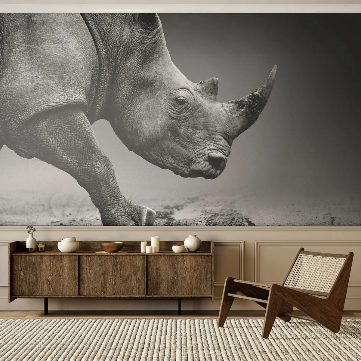Papier Peint Photo Premium Sand - Force inarrêtable - Rhinocéros, Animaux, Afrique - 350x256 cm