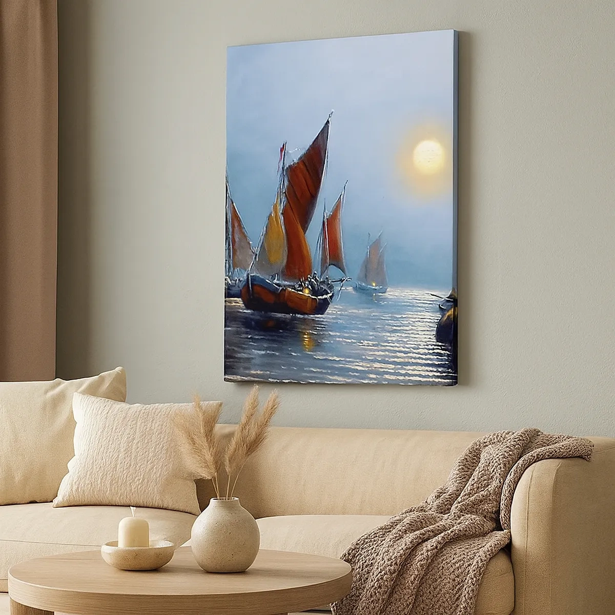 Impression sur toile - Image sur toile - Bateaux à voiles sur une eau calme au coucher du soleil - 50x70cm - Pêche de nuit - Décoration murale moderne pour le salon et la chambre ARTTOR