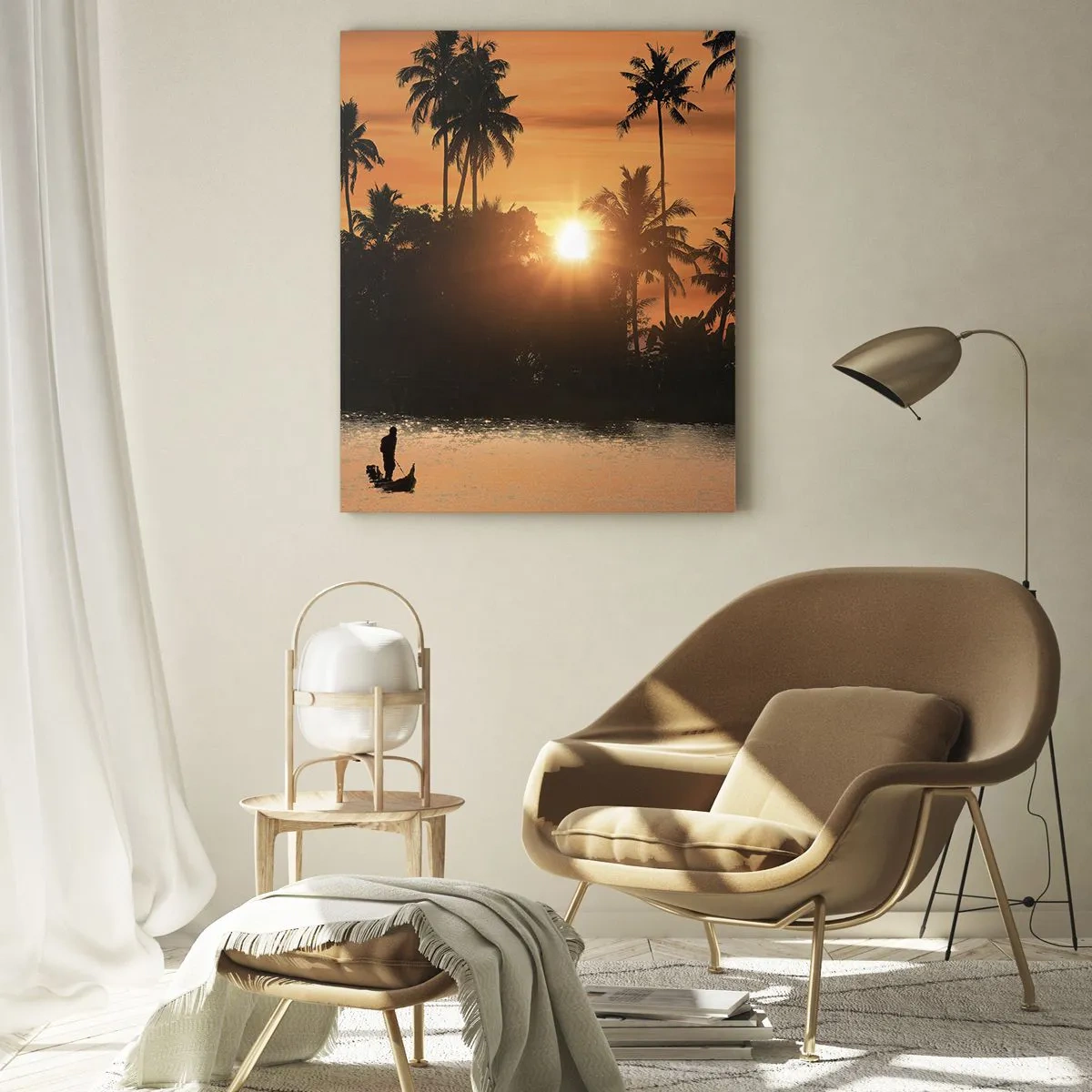 Impression sur verre - Image sur verre - Coucher de soleil sur les palmiers et un lac calme avec un bateau - 80x120cm - Il est temps de se détendre - Décoration murale moderne pour le salon et la chambre ARTTOR