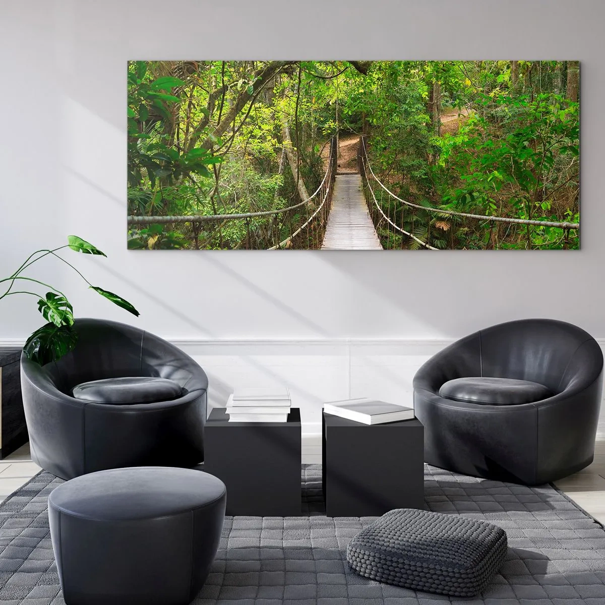 Impression sur verre - Image sur verre - Un pont suspendu entouré d'une forêt tropicale verte - 120x50cm - Parce qu'il y a une plante grimpante dans le jardin - Décoration murale moderne pour le salon et la chambre ARTTOR