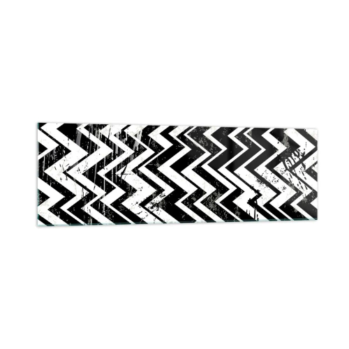 Impression sur verre - Image sur verre - Motif en zigzag noir et blanc avec abrasions artistiques - 160x50cm - Zig-blanc, zag-noir - Décoration murale moderne pour le salon et la chambre ARTTOR