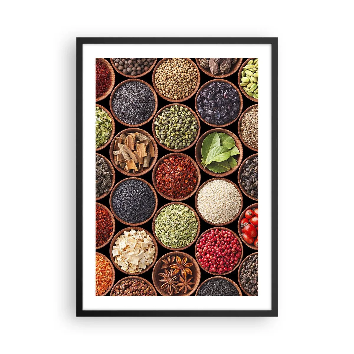 Affiche dans un cadre noir - Poster - Épices colorées dans de petits bols en bois - 50x70cm - Toutes les saveurs du monde - Décoration murale moderne pour le salon et la chambre ARTTOR