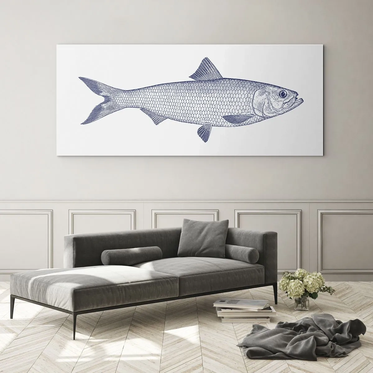 Impression sur verre - Image sur verre - Illustration d'un poisson dans des tons de bleu sur fond clair - 160x50cm - Salutations des mers du nord - Décoration murale moderne pour le salon et la chambre ARTTOR