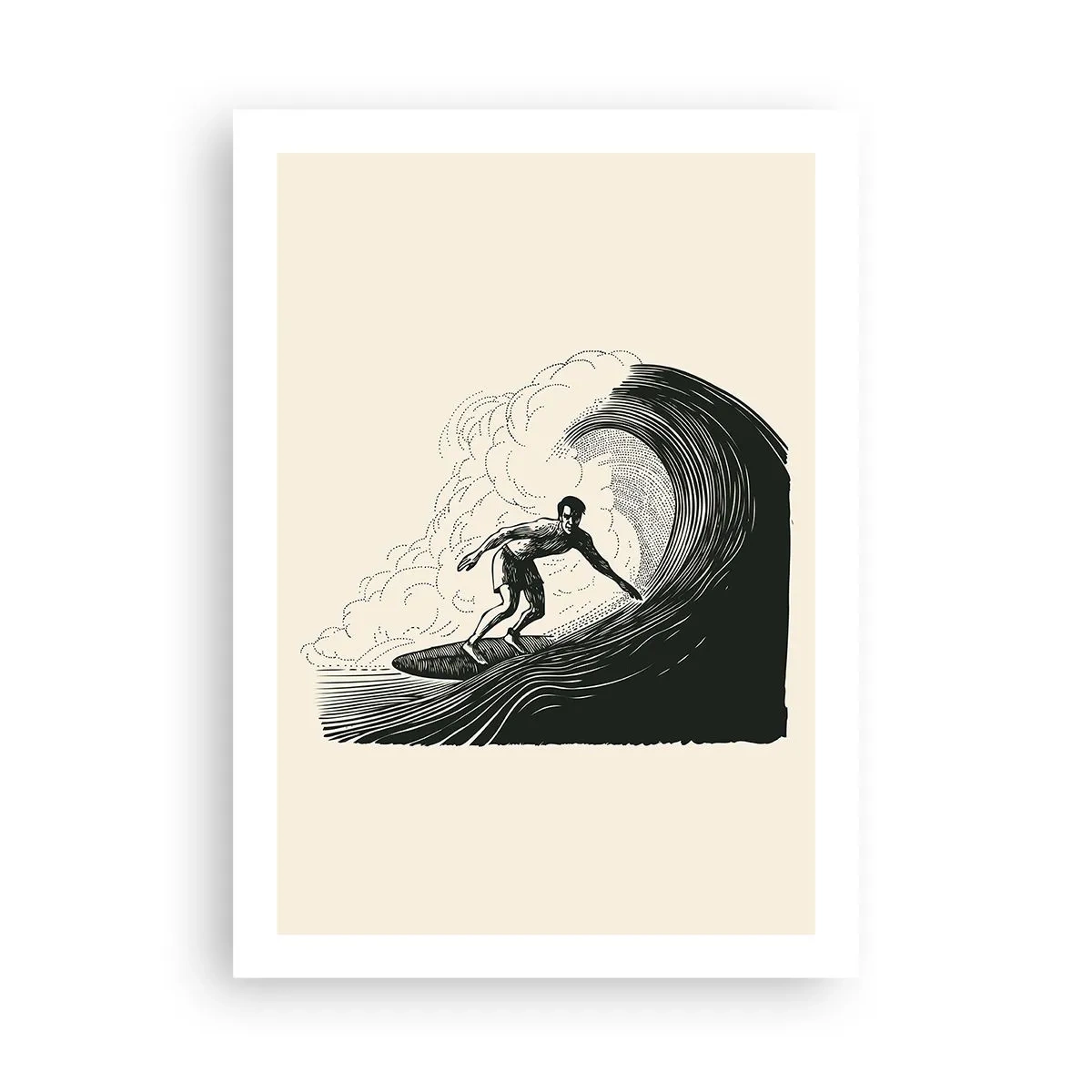 Affiche - Poster - Graphique rétro de surfeur sur une vague, composition noire et crème - 50x70cm - Le roi de la vague - Décoration murale moderne pour le salon et la chambre ARTTOR