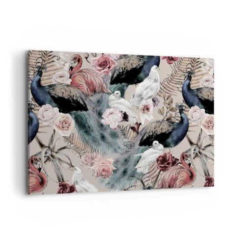 Impression sur toile - Image sur toile - Un paysage avec des plumes de paon, des roses et des oiseaux dans un style romantique. - 100x70cm - Dans un jardin de palace - Décoration murale moderne pour le salon et la chambre ARTTOR