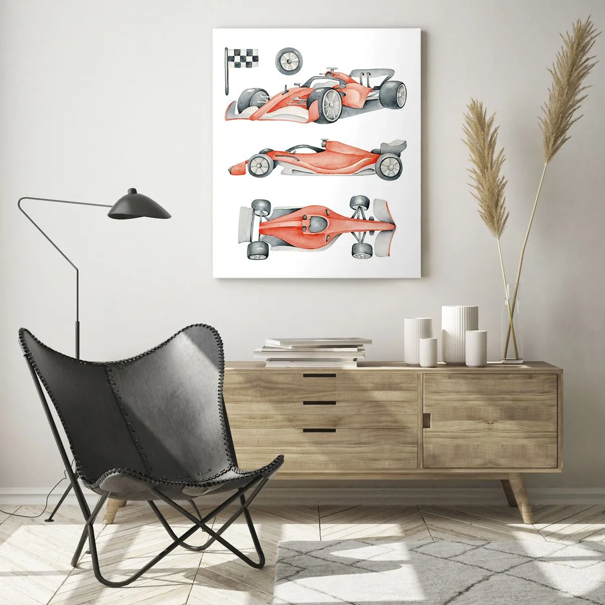 Impression sur verre - Image sur verre - Illustration en trois plans d'une voiture de course rouge avec un drapeau de course - 50x70cm - poursuis ton rêve - Décoration murale moderne pour le salon et la chambre ARTTOR