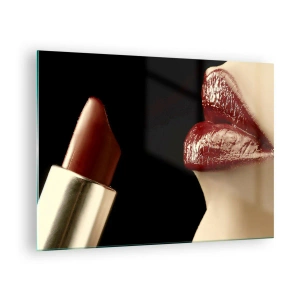 Impression sur verre - Image sur verre - Lèvres sensuelles avec du rouge à lèvres cramoisi sur fond sombre - 70x50cm - Sensualité et brillance du carmin - Décoration murale moderne pour le salon et la chambre ARTTOR