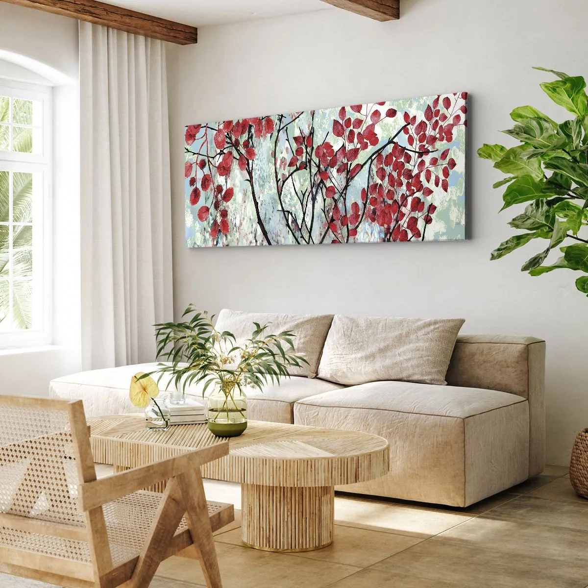 Impression sur toile - Image sur toile - Feuilles rouges sur un ciel lumineux avec des motifs abstraits - 140x50cm - Arbre en écarlate - Décoration murale moderne pour le salon et la chambre ARTTOR