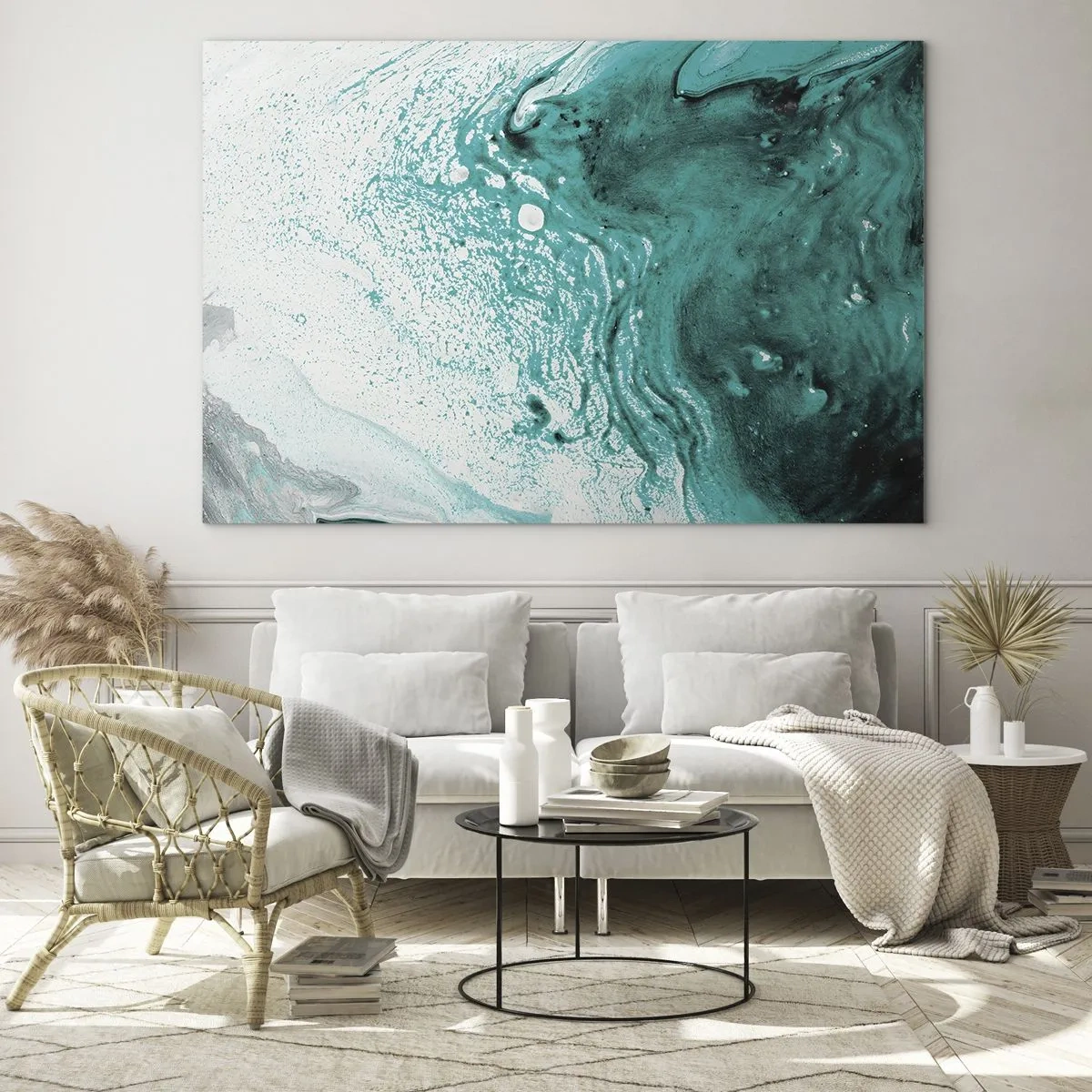 Impression sur verre - Image sur verre - Une peinture abstraite dans les tons de blanc et de turquoise - 100x70cm - Se fondre dans le bleu et le turquoise - Décoration murale moderne pour le salon et la chambre ARTTOR