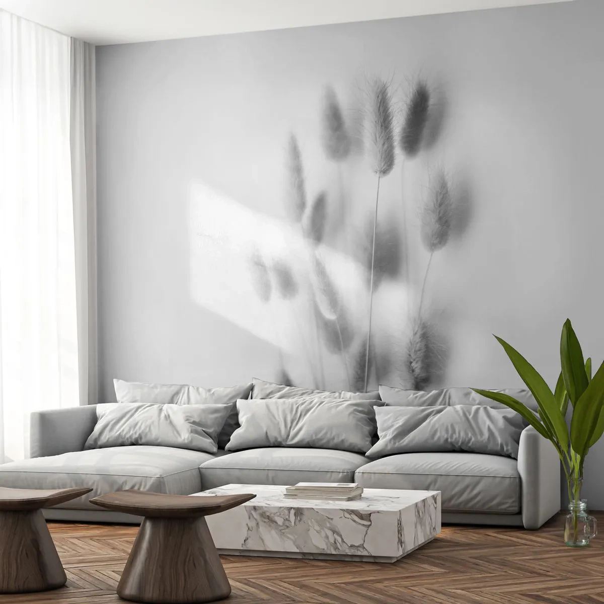 Papier Peint Photo Premium Canvas - Son herbe duveteuse - Herbe, Noir et blanc, Fleurs - 250x175 cm