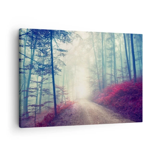 Impression sur toile - Image sur toile - Un sentier forestier magique entouré d'arbres et de brouillard - 70x50cm - Comme c'est bon de se lever à l'aube - Décoration murale moderne pour le salon et la chambre ARTTOR