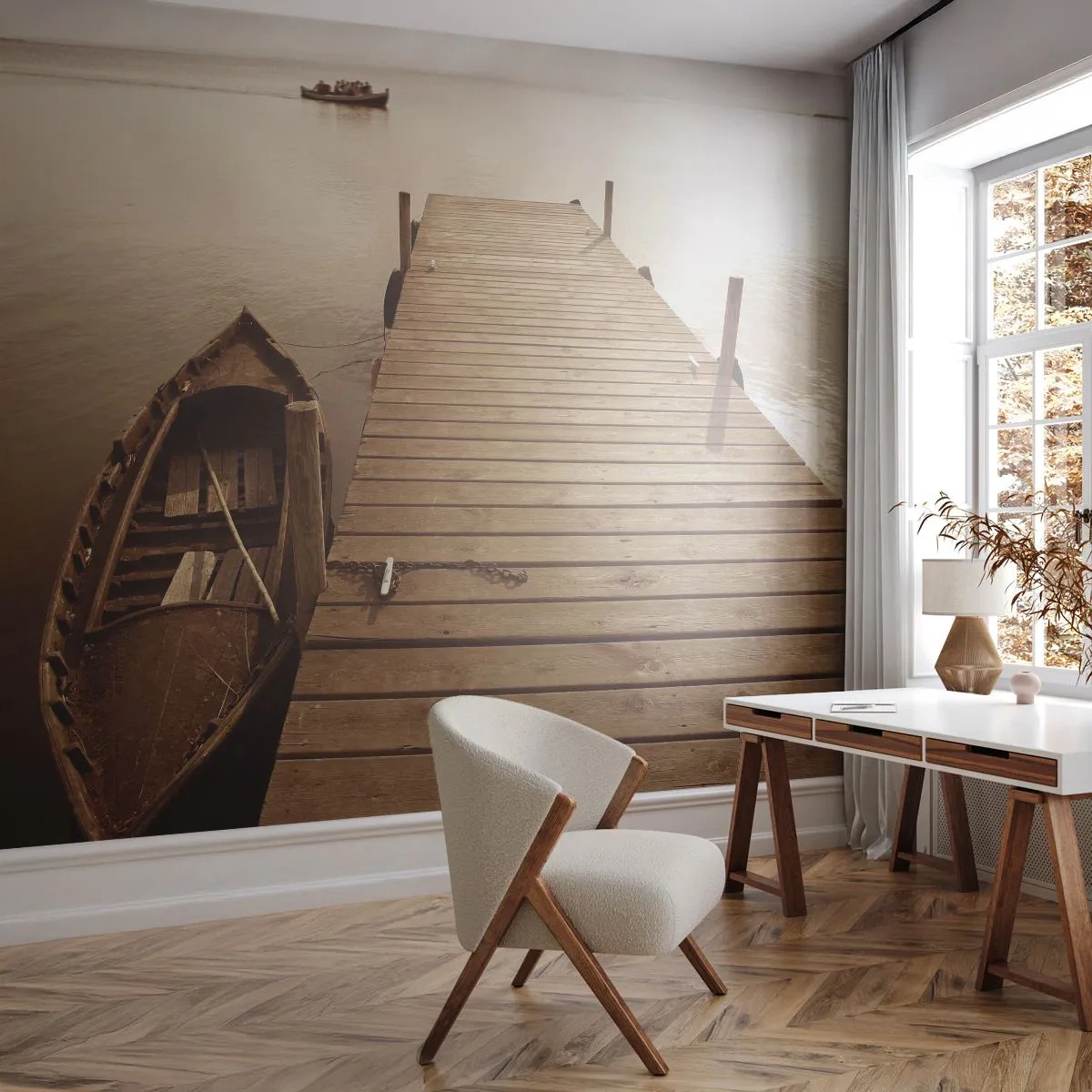 Papier Peint Photo Premium Sand - Jetée en bois et bateau sur une eau calme en sépia - 100x70cm - Le grand silence - Décoration murale moderne pour le salon et la chambre ARTTOR