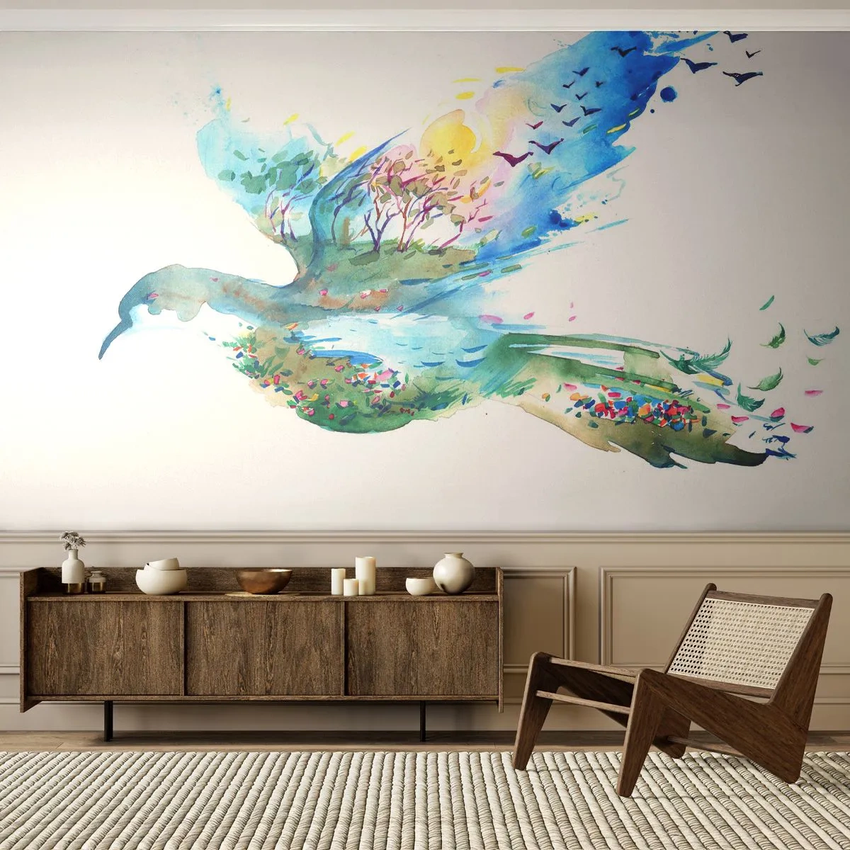Papier Peint Photo Standard Eco - Sur les ailes de la nature - Abstraction, Oiseau, Paysage d'été - 200x140 cm