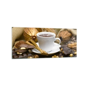 Impression sur verre - Image sur verre - Une tasse de chocolat chaud entourée de cacao et de cannelle - 120x50cm - Pour les amateurs de sensations fortes - Décoration murale moderne pour le salon et la chambre ARTTOR