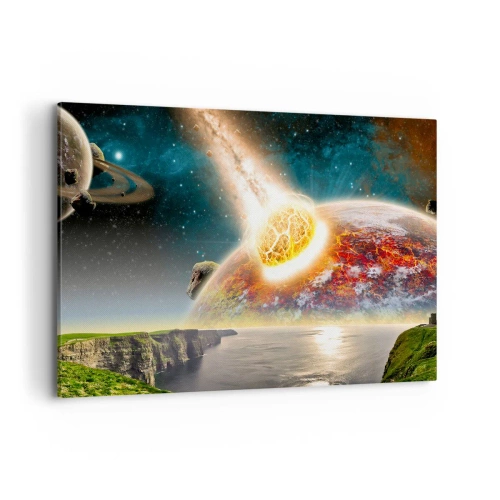 Impression sur toile - Image sur toile - Une météorite entre en collision avec une planète dans un paysage cosmique. - 120x80cm - Drame spatial - Décoration murale moderne pour le salon et la chambre ARTTOR