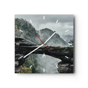 Horloge murale - Pendule murale - Une arche de pierre entourée de montagnes brumeuses et de forêts - 30x30cm - L'aventure est sur le point de commencer - Décoration murale moderne pour le salon et la chambre ARTTOR