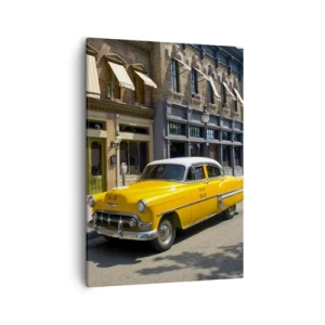 Impression sur toile - Image sur toile - Un taxi jaune dans une rue bordée d'immeubles - 50x70cm - Il y a longtemps en Amérique - Décoration murale moderne pour le salon et la chambre ARTTOR