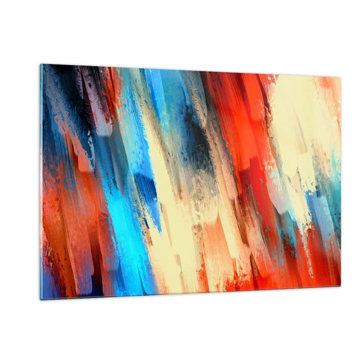 Impression sur verre - Image sur verre - Coups de pinceau abstraits dans des tons de bleu, de rouge et de beige - 120x80cm - Une cascade de couleurs - Décoration murale moderne pour le salon et la chambre ARTTOR