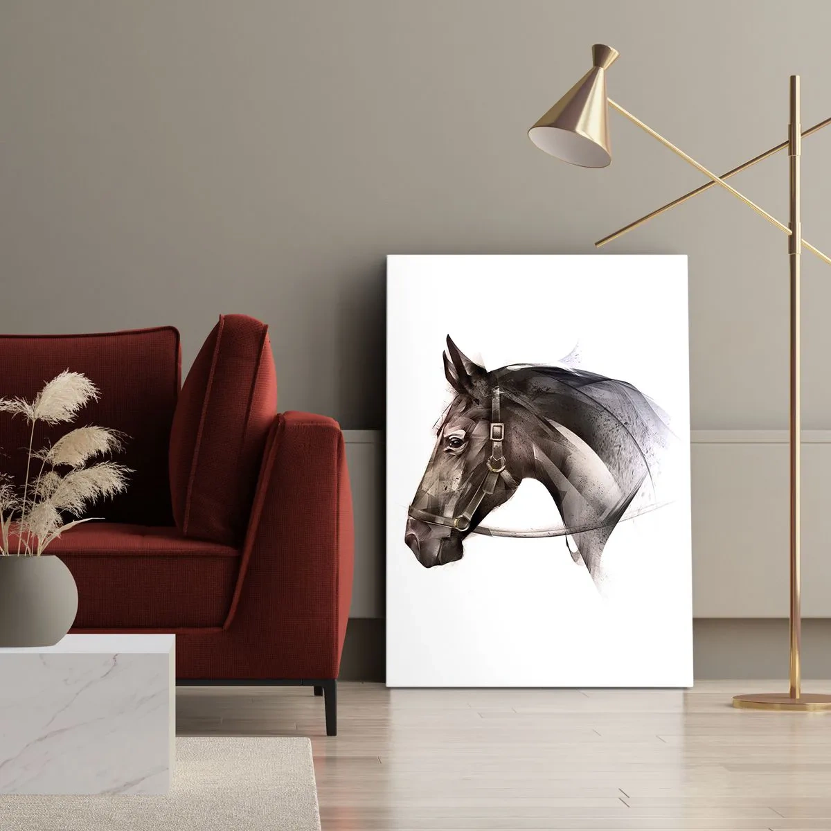 Impression sur toile - Image sur toile - Un profil de cheval dans une forme artistique délicate sur fond blanc - 50x70cm - Quelle grâce - Décoration murale moderne pour le salon et la chambre ARTTOR