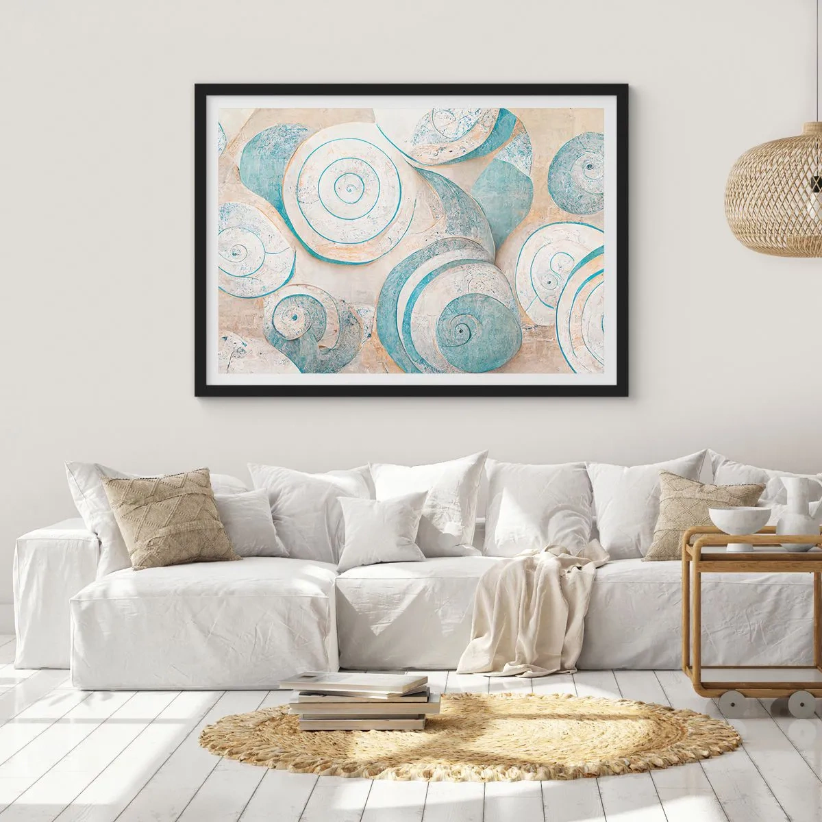 Affiche dans un cadre noir - Poster - Coquillages abstraits aux tons pastel - 70x50cm - Que cache la coque ? - Décoration murale moderne pour le salon et la chambre ARTTOR