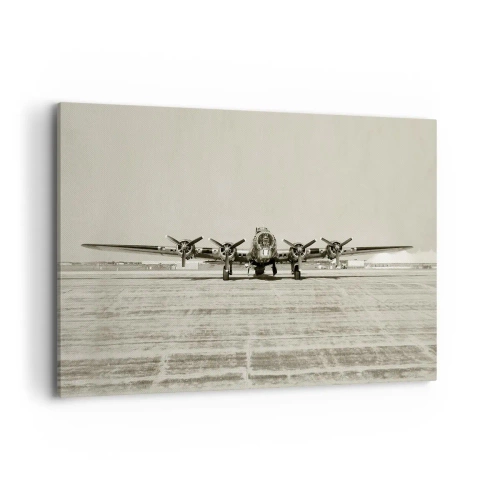 Impression sur toile - Image sur toile - Avion historique à l'aéroport en sépia - 100x70cm - Toujours prêt! - Décoration murale moderne pour le salon et la chambre ARTTOR