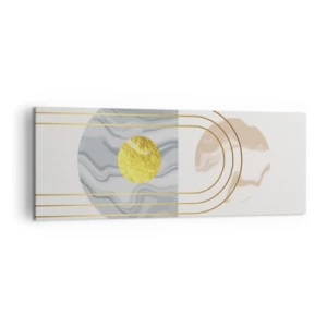 Impression sur toile - Image sur toile - Composition abstraite avec des cercles et des lignes dorées sur fond clair. - 140x50cm - Clareté et brillance - Décoration murale moderne pour le salon et la chambre ARTTOR